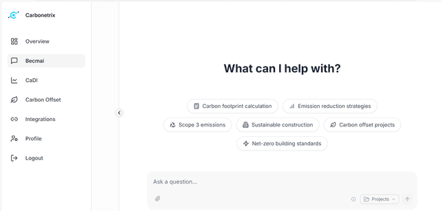 BECMAI dashboard displaying structured carbon advice and sustainability recommendations for construction projects