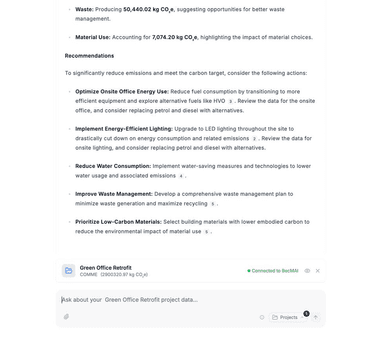 BECMAI carbon co-pilot interface showing AI-powered carbon question input for construction professionals